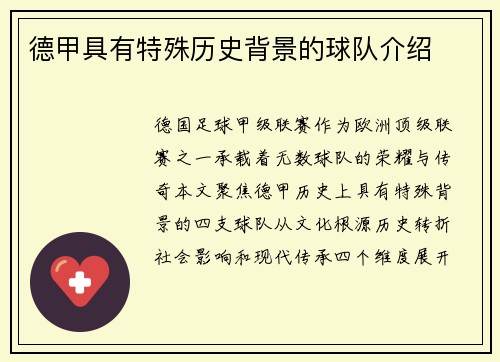 德甲具有特殊历史背景的球队介绍