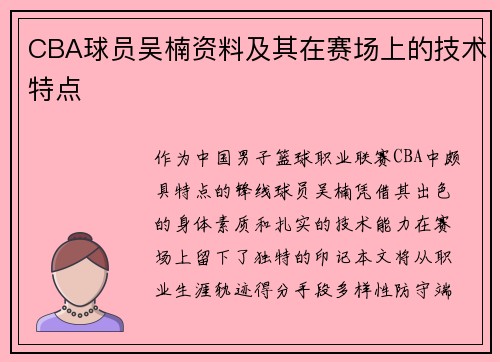 CBA球员吴楠资料及其在赛场上的技术特点